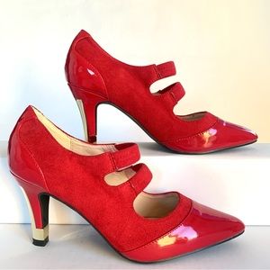 ANDIAMO GEM RED FAUX LEATHER SUEDE 2 STRAP MARYJANE GOLD METAL ACCENT HEELS Sz6